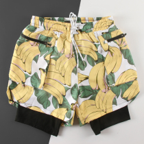 Mens double lined beach pants swimming trunks cartoon banana print five-point pants Water Park anti-embarrassing seaside