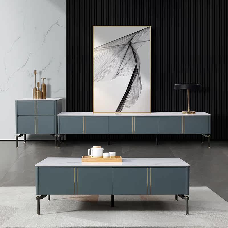 Rock slab tea table TV cabinet combination simple modern light luxury Italian style small apartment storage table a few floor cabinets living room home