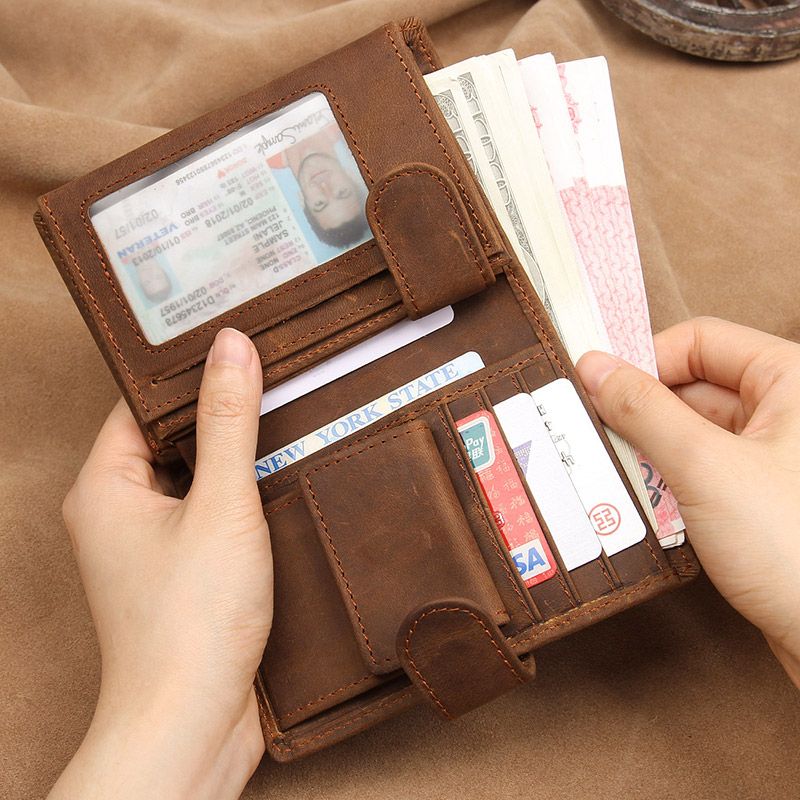 Crazy Horse leather handmade leather wallet men's retro large capacity anti-RFID theft brush wallet Simple multi-card wallet