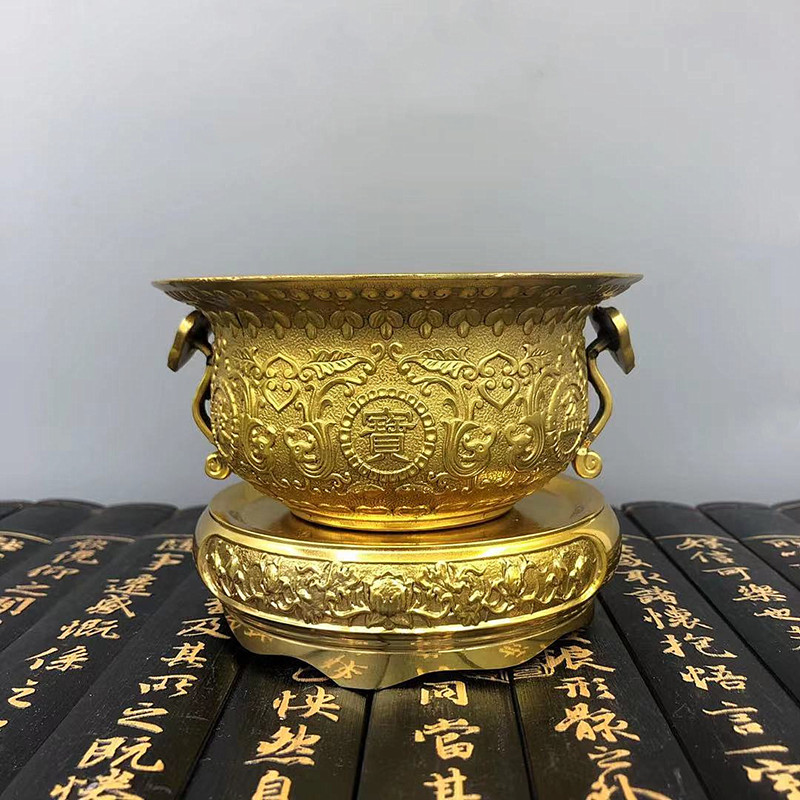 Pure copper cornucopia ornaments to accumulate wealth Chinese living room desktop offering incense burner home TV cabinet decoration gift wooden seat