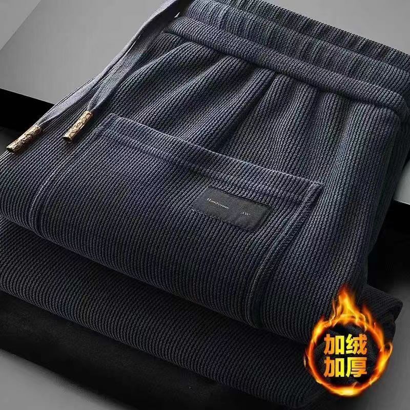 Corduroy Sweatpants for Men, Autumn and Winter, Fleece-Lined, Thickened, Warm, Casual Pants, Straight-Leg, Loose Fit, Middle-Aged and Elderly Dad Pants