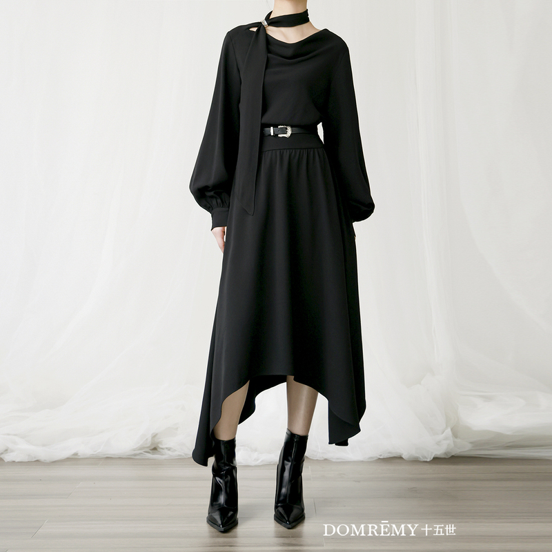 Domremy【Admiration Black Dress】Spring Elegant and Beautiful Black Long Dress with a Cinched Waist, Perfect for Work and Looks Great