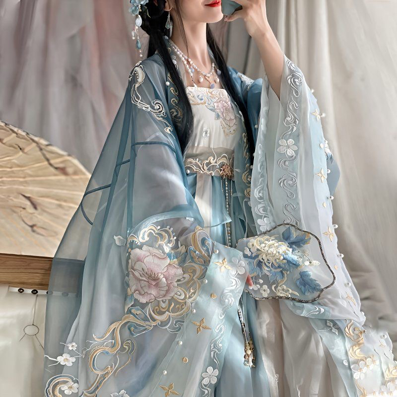 2025 [White Tea] Original Hanfu Embroidery Hanfu Tang-Style Embroidered Large Sleeve Shirt Hezi Skirt One-Piece Chest-Length