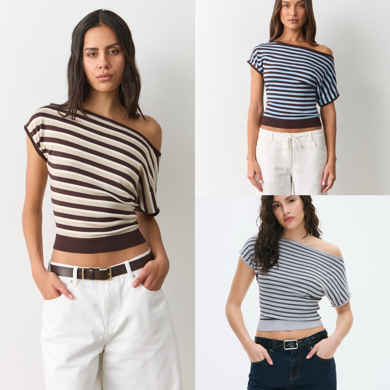 Australian Niche Brand Glass*Ns~ Spring/Summer Off-Shoulder Color-Blocked Striped Waist-Cinching Knit Top (Multi-Color) Australian Niche Brand Glass*Ns~ Spring/Summer Off-Shoulder Color-Blocked Striped Waist-Cinching Knit Top (Multi-Color)