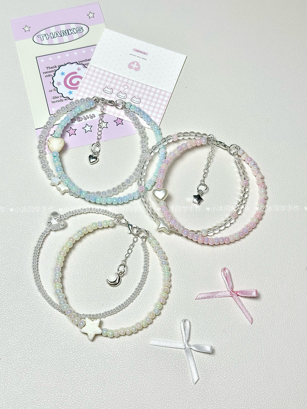 Memory Steel Ring Beaded Double-Circle Rice Bead Bracelet, Cute Accessory, Stackable, Girly, Niche Bracelet, Original Design