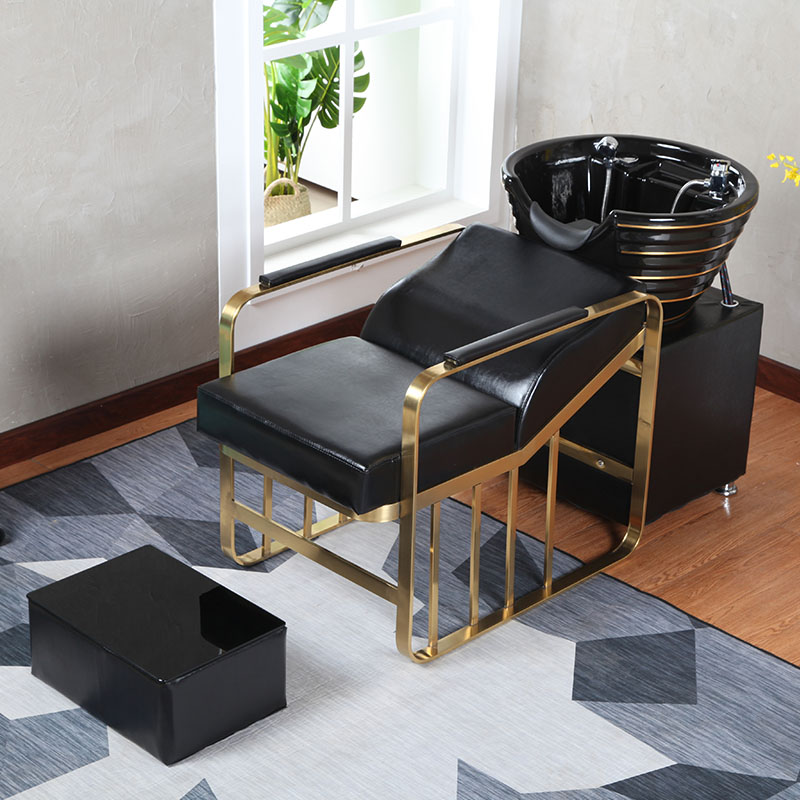 Hairdresshop Private Hair Wash Bed Hair Salon Bed hair Shampoo Bed golden washing chair Stainless Steel Flush Water Bed Ceramic Basin Beauty Salon