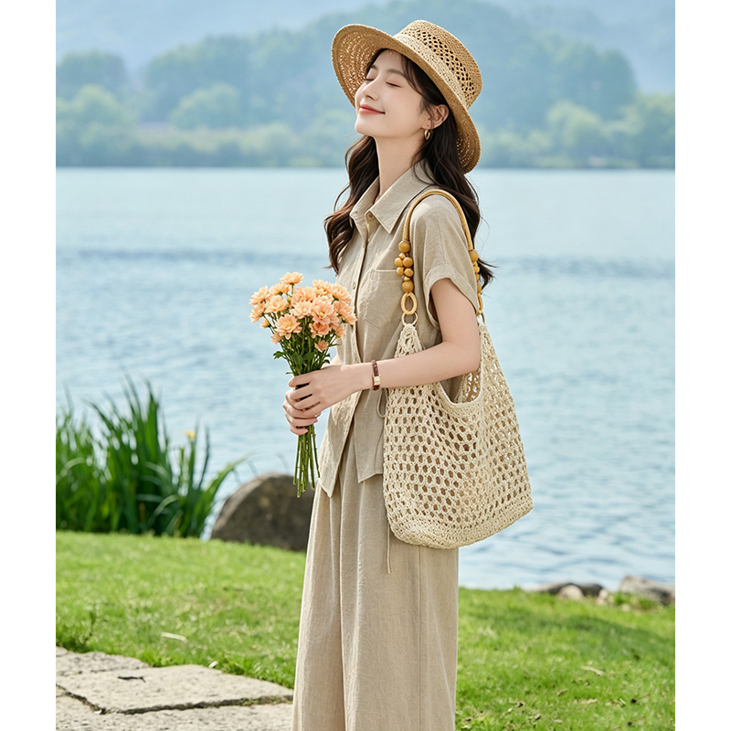 High-End Lapel Shirt and Linen Wide-Leg Pants Two-Piece Set for Women, 2026 Summer New Style, Loose and Slimming Fashion Suit