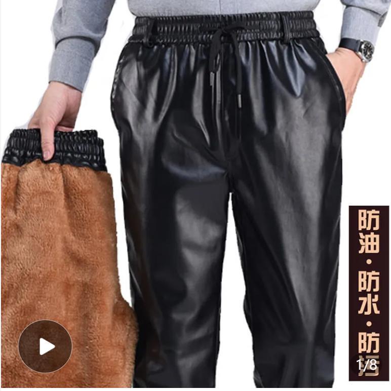 Women's Leather Pants with Fleece Lining, Thickened, High-Waisted, Stretchy, Plus-Size, Loose Fit, Slimming, Straight-Leg, Windproof, Waterproof, Suitable for Outdoor Wear