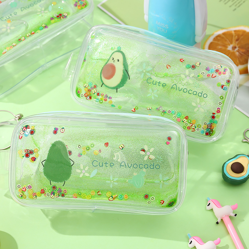 Cute Avocado transparent quicksand pen bag Female large capacity cute ins Korean version simple Japanese girl heart stationery pen bag pen box Junior high school students cosmetic bag pencil box