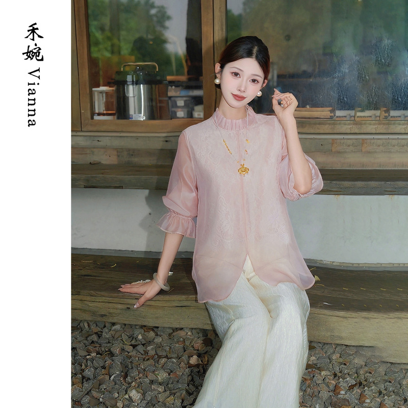 He Wan [Spring Ruffles] New Chinese Style Water-Gloss Silk Shirt for Women 2026 New Model with Ruffled Collar Design National Style Top