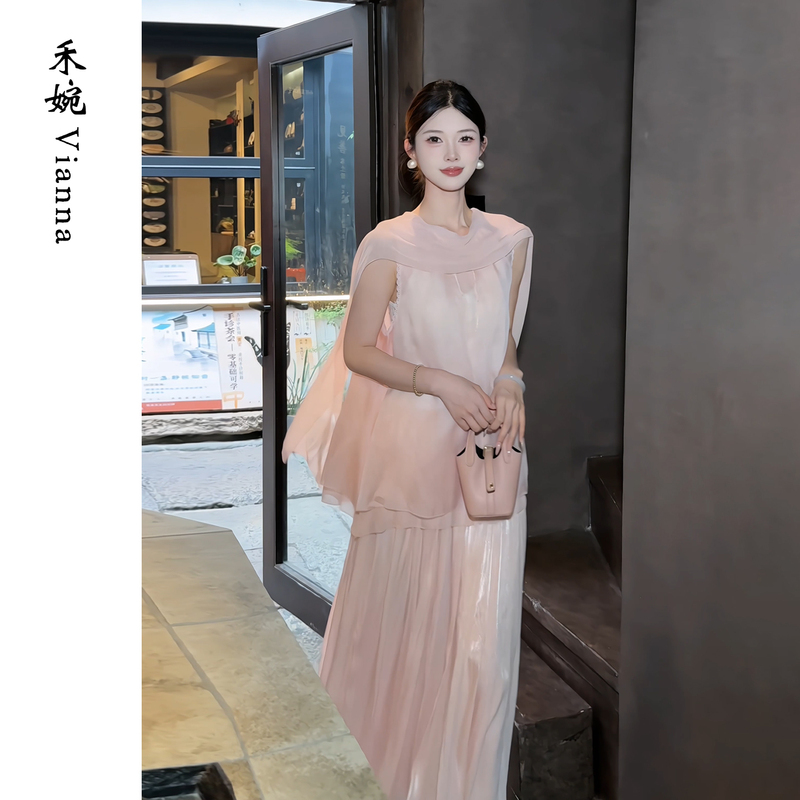He Wan【Light Smoke Gauze】Sleeveless Top with Ribbon and Pile Collar for Women, Summer 2026, Slightly Transparent Gauze with Water Drop Cutout Design