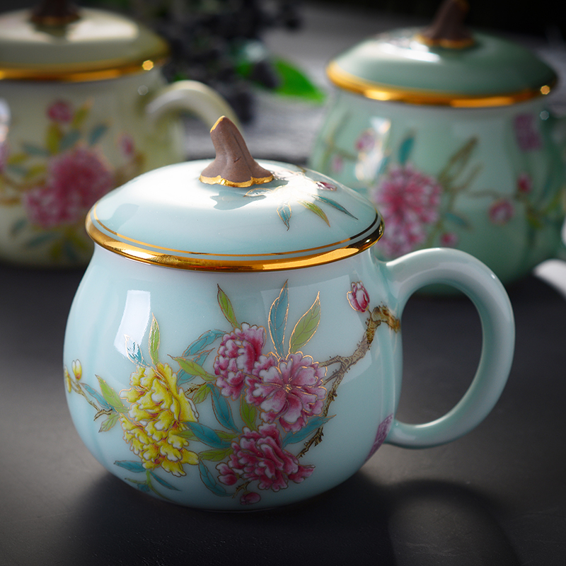 Red xin made ceramic cups with cover filter glass goldfish mark cup of jingdezhen shadow celadon cup of office