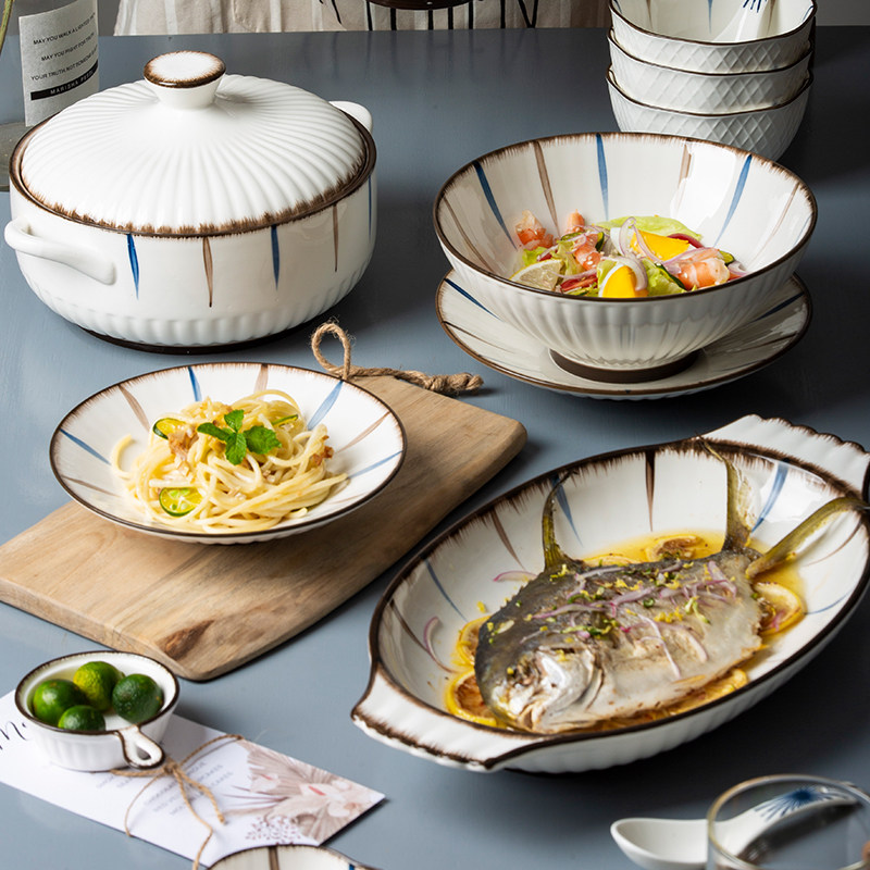 Rice Bowls Household Rice Bowls Cutlery Sets Ceramic Plates Deep Dish Large Plate Sets Japanese Ceramics