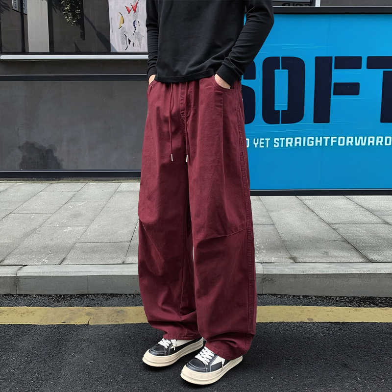 Burgundy American-Style Pleated Cargo Pants for Men, Autumn Japanese-Style Plus-Size Casual Knife-Cut Pants, Loose Straight-Leg Wide-Leg Pants Burgundy American-Style Pleated Cargo Pants for Men, Autumn Japanese-Style Plus-Size Casual Knife-Cut Pants, Loose Straight-Leg Wide-Leg Pants