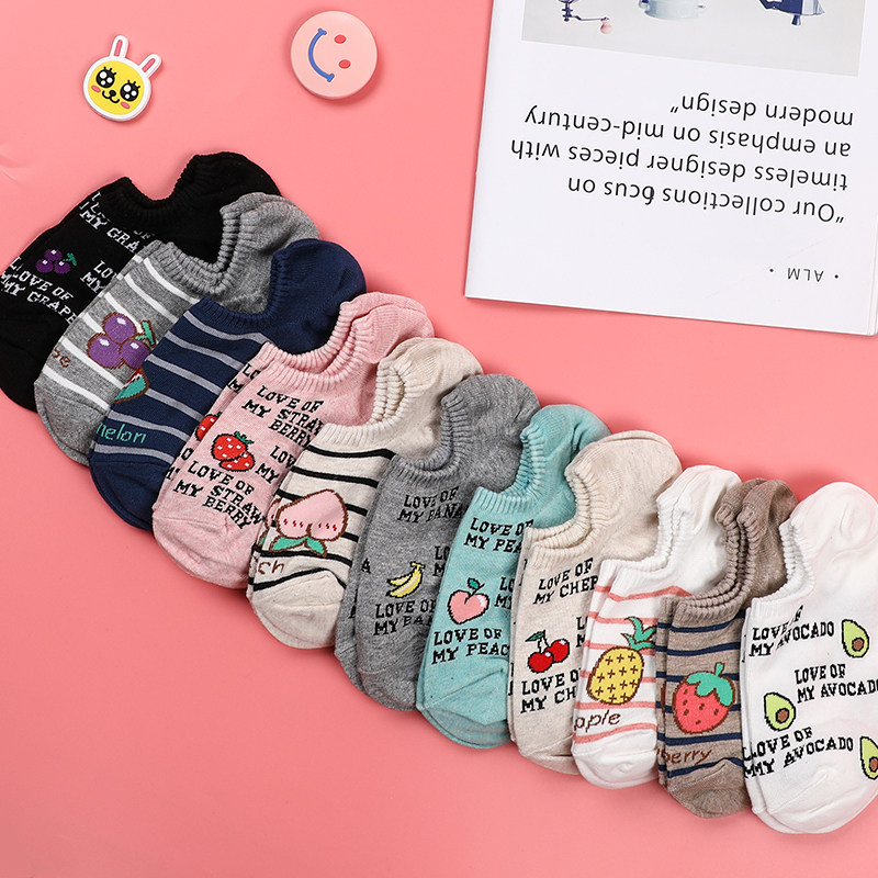South Korea Imports Cute Fruits Women Socks Fresh Light Mouth Pure Cotton Socks All Season Invisible Socks Sweat students Short socks Net Red