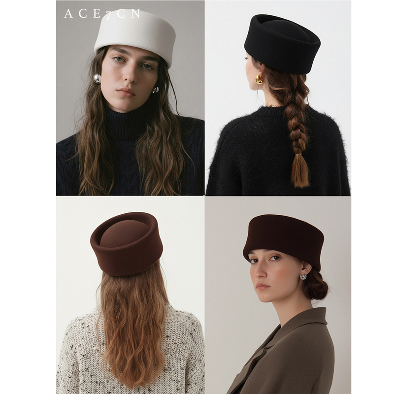 Ace7Cn Pillbox Hat 100% Wool British Retro Pillbox Hat Brimless Dome Hepburn Small Top Hat