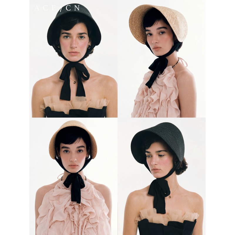 Ace7Cn Hepburn-Style French Country Hat, One-Piece Straw Hat with a Tie, Makes the Face Look Smaller, Suitable for Outings and as a Stylish Hat
