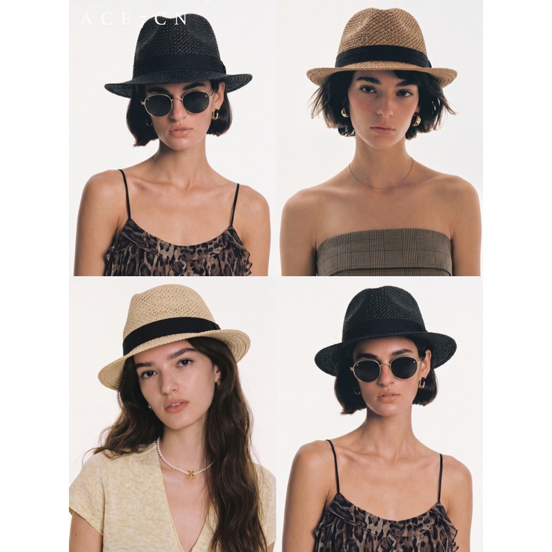 Ace7Cn British Old Money High-End Paper Straw Jazz Hat Short Brim Straw Hat Handmade Vacation Hat Travel Style