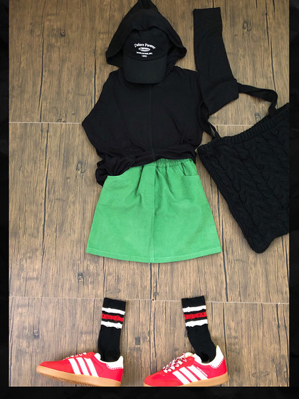 H AND E女童半身裙子母女装2024夏新款休闲纯色亲子裙草绿色短裙