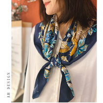 Big square scarf] send mother gift Haisong blue retro style twill silk scarf fashion Foreign color