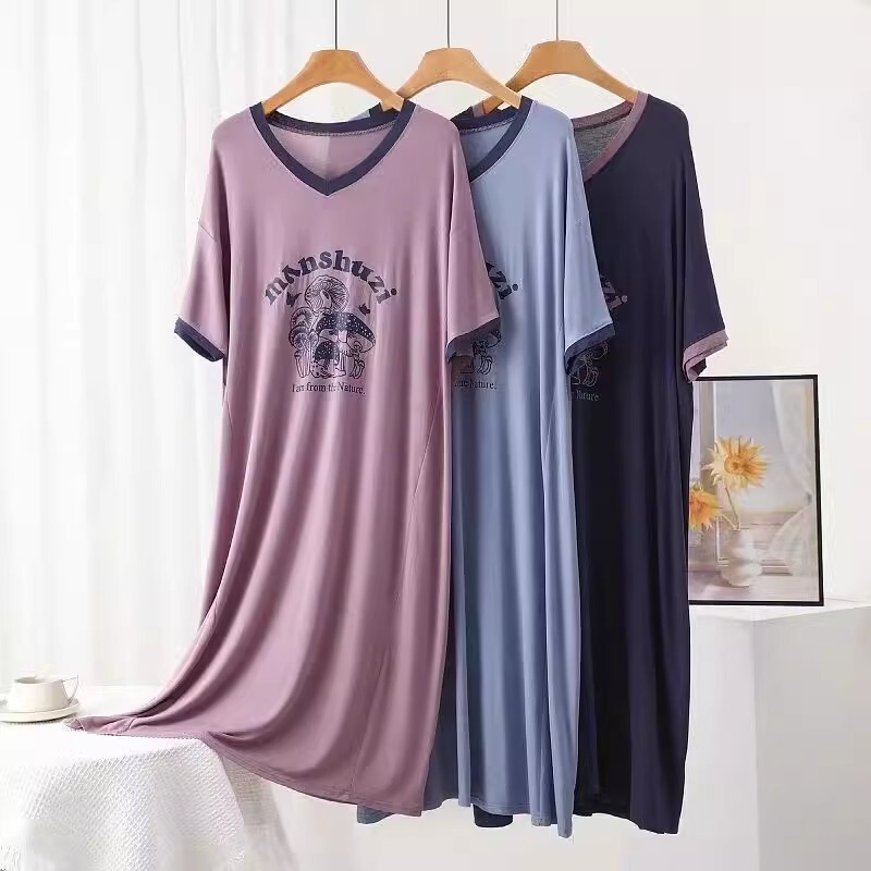 Nightgown for Women, Summer Short-Sleeved, Plus Size, Fat mm 1.0-150kg Loose Pajamas, Mid-Length Maternity Skirt, Home Wear