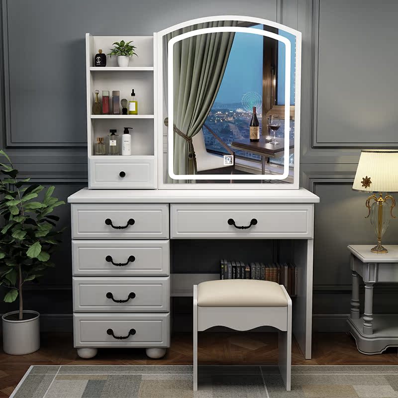 Simple dresser bedroom modern minimalist small family type rental house push-and-pull mirror with light make-up table containing cabinet integrated-Taobao