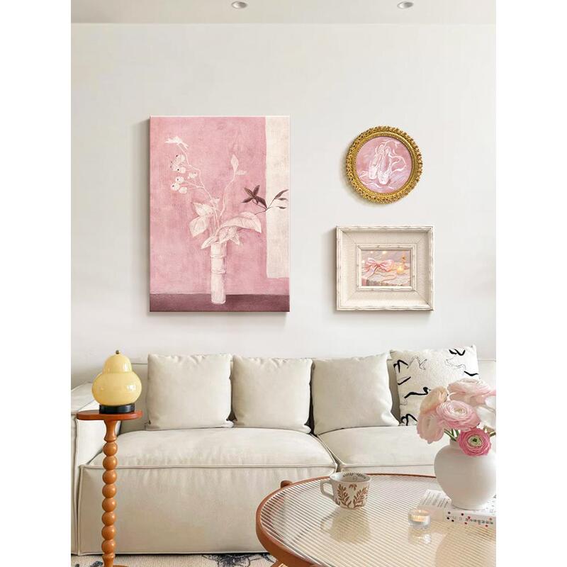 Large White Wall French-Style Pink Living Room Decorative Painting, Cream Vintage-Style Sofa Background Wall Hanging Art Combination Mural
