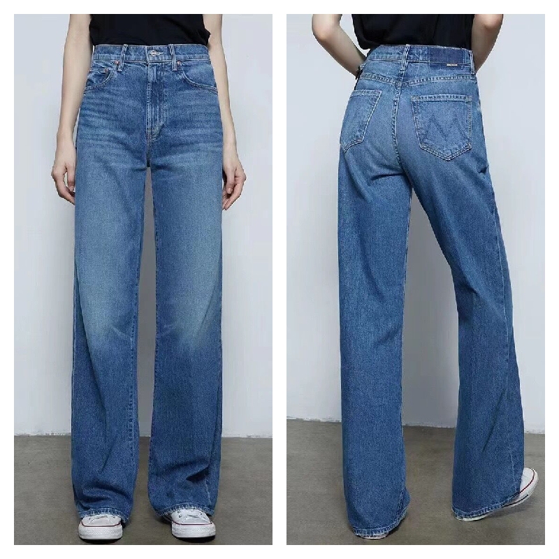 European and American Spring/Summer High-Waisted Floor-Length Straight-Leg Jeans for Women, Versatile Dark Blue Wide-Leg Slimming Long Pants with Fleece Lining