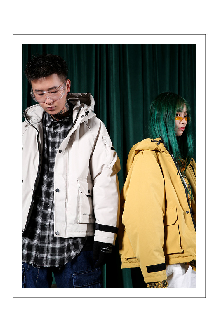 Ẩn mình trong thành phố mùa đông đường phố hip hop macaron nhiều màu áo trùm đầu lỏng cho nam và nữ áo phao dáng dài