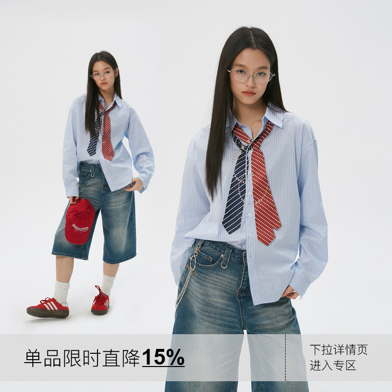 Lan Shi (Clamisgold) Tie Necklace Print* Blue Striped Long-Sleeved Shirt Loose Top for Men and Women