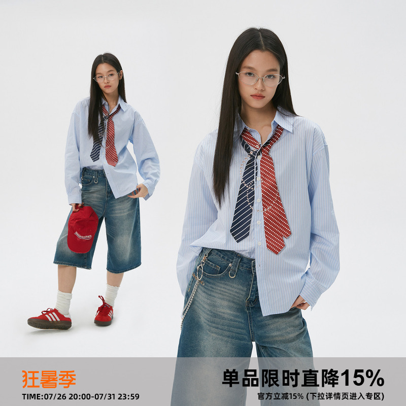 Lan Shi (Clamisgold) Tie Necklace Print* Blue Striped Long-Sleeved Shirt Loose Top for Men and Women Lan Shi (Clamisgold) Tie Necklace Print* Blue Striped Long-Sleeved Shirt Loose Top for Men and Women