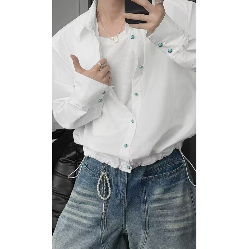 British Style Elegant Green Turmeric-Colored Drawstring Hem Long-Sleeve Shirt for Men 2026 Early Spring Simple Loose High-End Shirt
