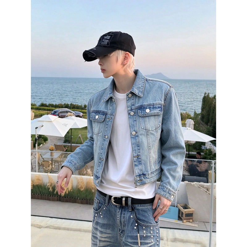 American Retro Distressed Washed Short Denim Jacket for Men, Spring and Autumn, Loose Fit, Regular Shoulder, Single-Breasted Jacket