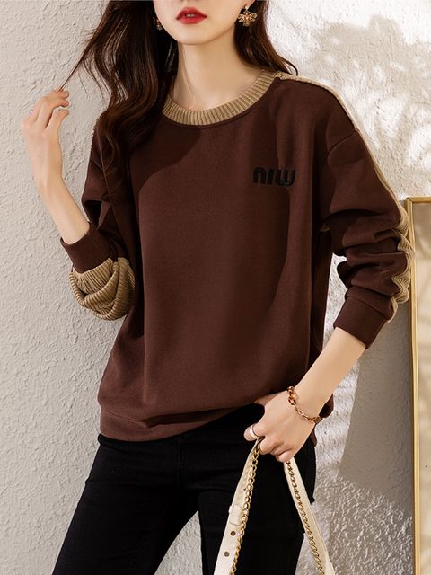 September Momo European women's clothing 2022 autumn and winter Korean style splicing plus velvet thickened round neck sweater loose color contrast top