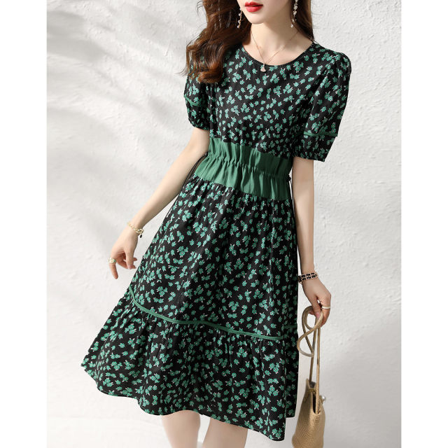 First-line brand cutting label women's clothing big-name foreign trade export temperament waist drawstring slimming floral short-sleeved dress for women