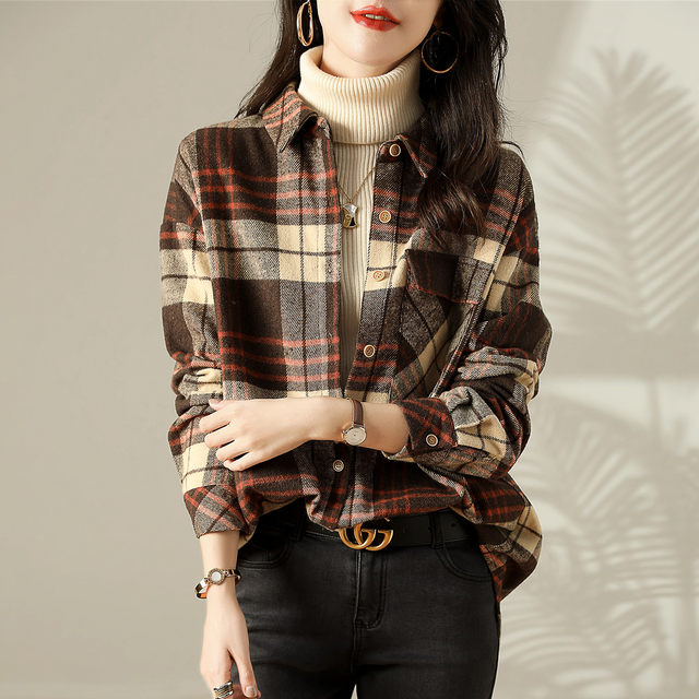 Brand discount women's clothing foreign trade export French brushed thickened retro plaid inner and outer tops women's shirts