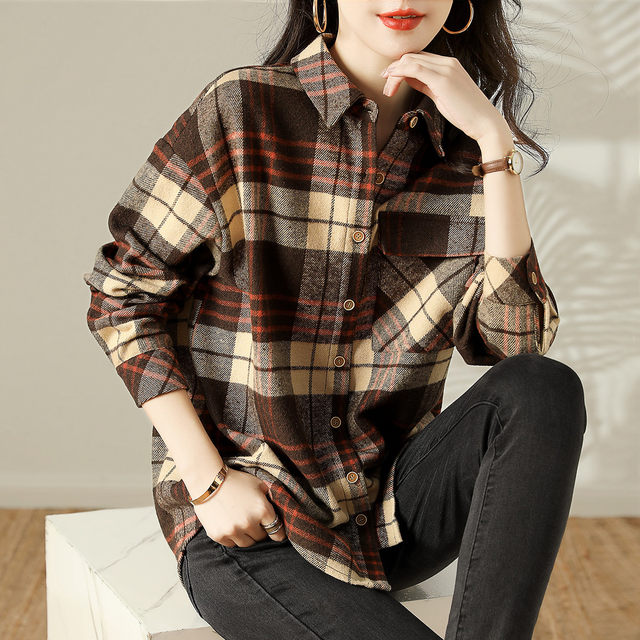 Brand discount women's clothing foreign trade export French brushed thickened retro plaid inner and outer tops women's shirts