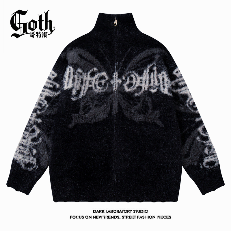 Goth Trendy American Street Style Letter Butterfly Design Turtleneck Sweater Unisex Loose Knitwear Jacket