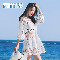  Sexy beach blouse mid-length bikini swimsuit outer sunscreen clothes hollow lace pullover loose new style