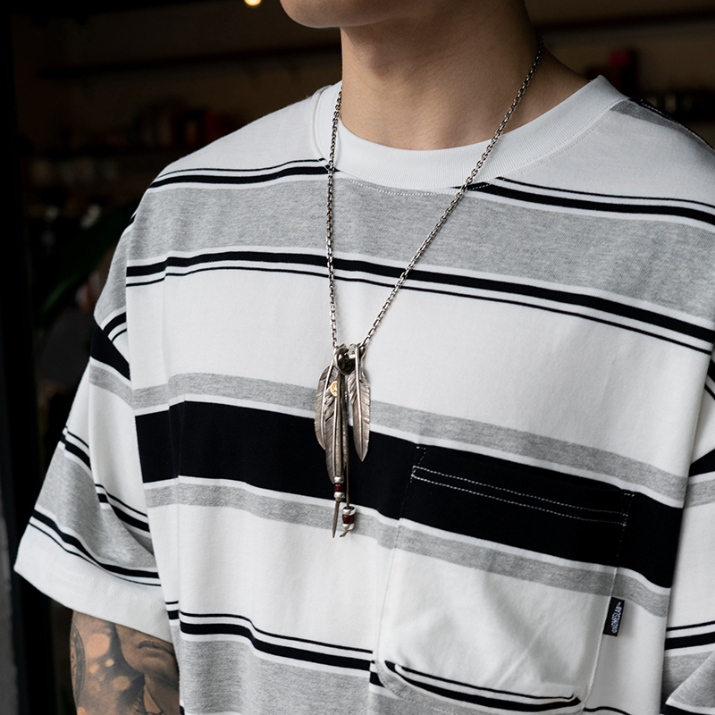 Gnomes Lab 23Ss Custom Woven 330g 21-Count Double Yarn Three-Dimensional Pocket Striped Short-Sleeve T-Shirt Japanese Retro National Trend Gnomes Lab 23Ss Custom Woven 330g 21-Count Double Yarn Three-Dimensional Pocket Striped Short-Sleeve T-Shirt Japanese Retro National Trend
