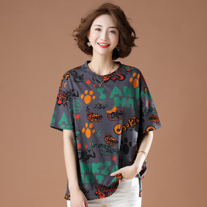 September Strangling Europe Station New Big Code Graffiti Printed Short Sleeve T-shirt Woman 2023 Summer Loaded European Goods Loose Blouse-Taobao