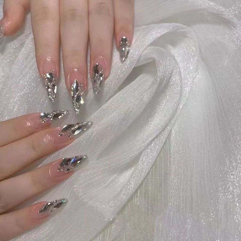 Handmade Phototherapy Shiny Long Full Diamond Internet Celebrity Sweet and Spicy Almond Style Fake Nail Patches Can Be Worn at Any Time and Removable