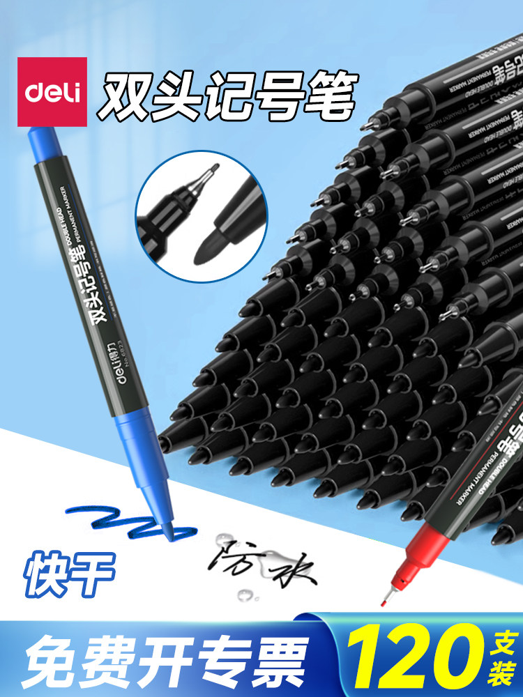 60 Deli Dual-Tip Markers, Black, Fade-Resistant, Waterproof for Construction Sites, Oil-Based, Thick and Thin Tips, Red Marker, Quick-Drying, Blue Marker, Graffiti Pen, Non-Erasable