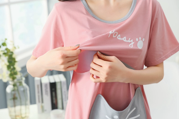 Quần áo giam giữ phụ nữ mang thai cho con bú đồ ngủ mùa hè cotton tinh khiết mỏng phần bà mẹ sau sinh quần ngắn tay dịch vụ ở nhà phù hợp với mùa xuân và mùa thu - Giải trí mặc / Mum mặc