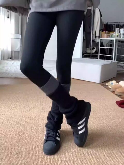 Patchwork Sock Set with Shark Print Leggings for Women, Autumn and Winter Knitted Thickened Long Leg Warmers