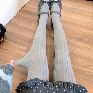 浅灰色连裤袜miu系宽竖条纹棉质打底裤女春秋薄款弹力显瘦打底袜
