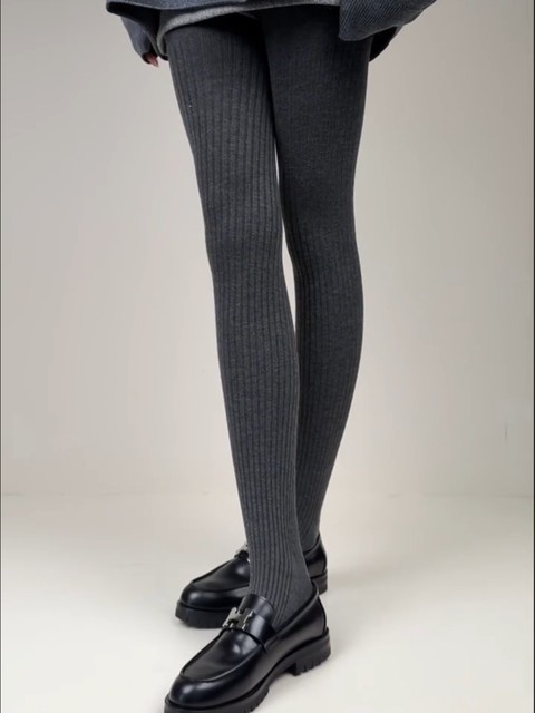 Miu gray threaded pantyhose women's autumn and winter outer wear warm pit striped Roman pattern slimming leggings spring and autumn