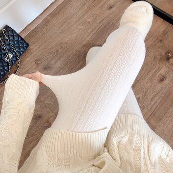 Autumn and Winter Slimming Off-White Pantyhose Japanese Style Cable Knit Jk Stockings Thickened Warm Leggings for Women