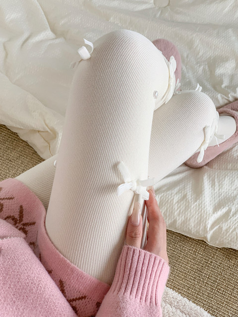 White Pantyhose with Heart-Shaped Bow, Autumn and Winter Japanese-Style Lolita Leggings, Cute Winter Outfit for Girls