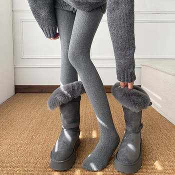 Miu-Style Cable Knit Smoke Gray Leggings for Women, Autumn and Winter, Milk White Japanese-Style Tights, Warm, Fleece-Lined, Thickened